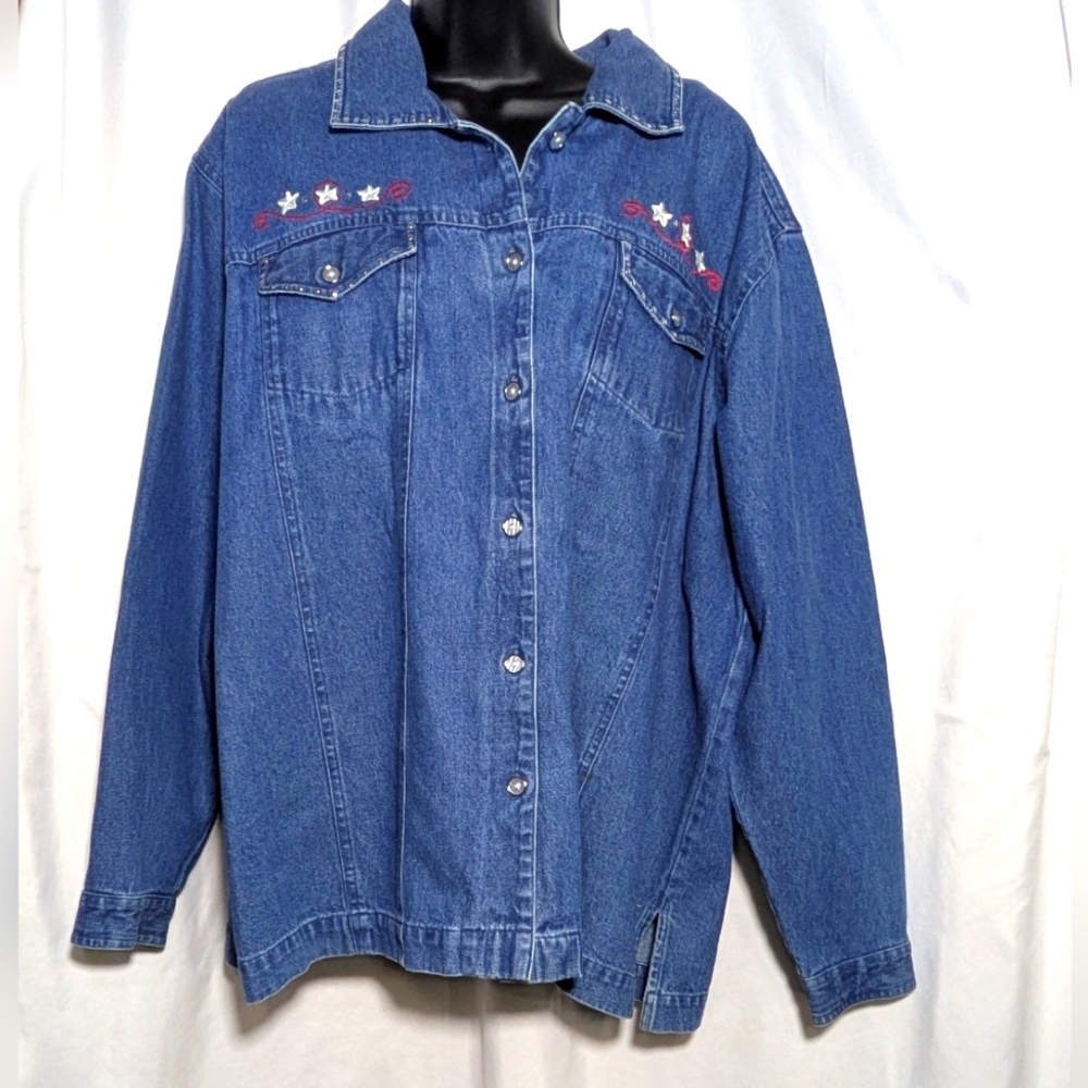 Women's Susan Graver Patriotic Denim/Jean Jacket, Embelished Cotton, Beaded, 1X